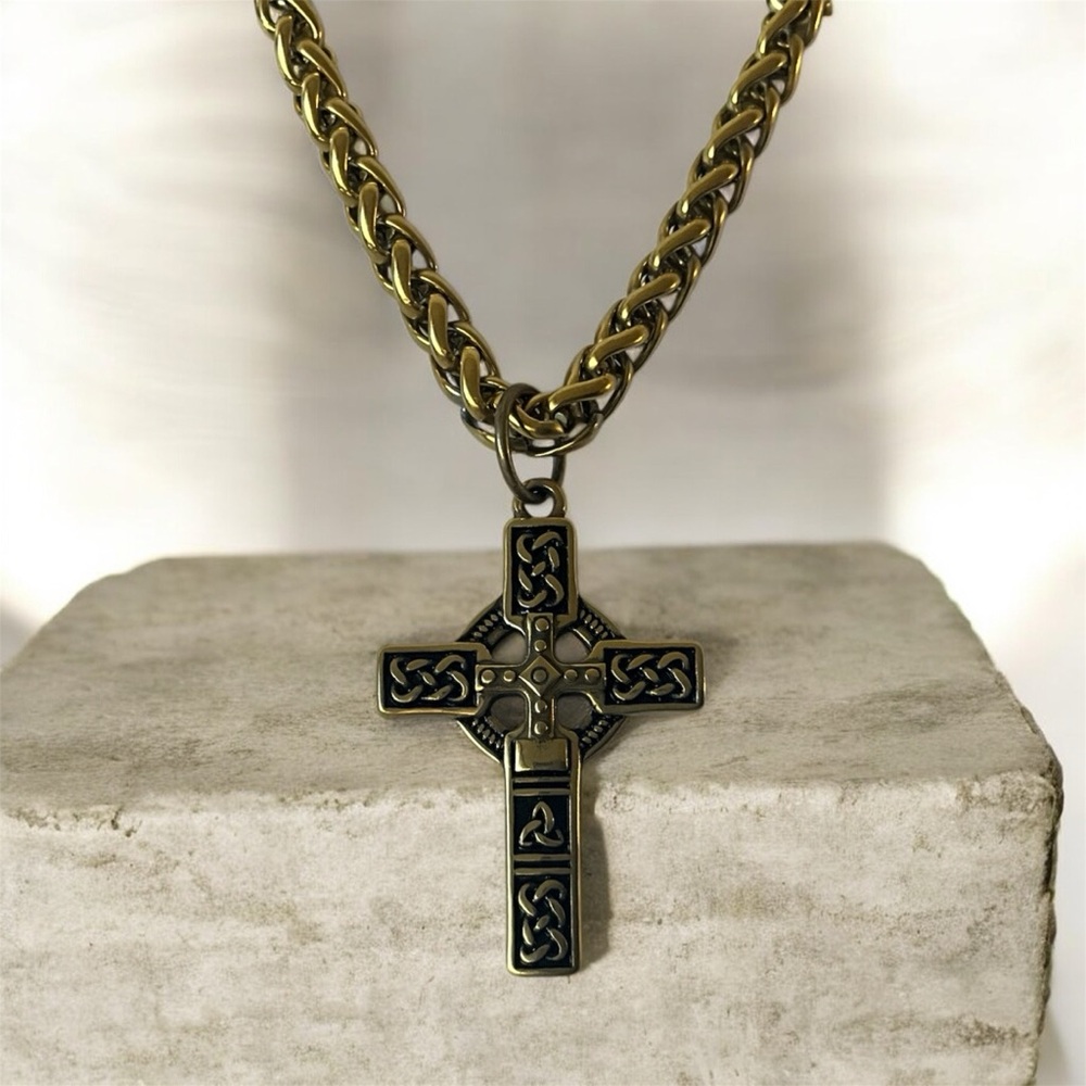 Men's Gold PVD Titanium 316L Surgical Stainless Steel Celtic Cross Necklace